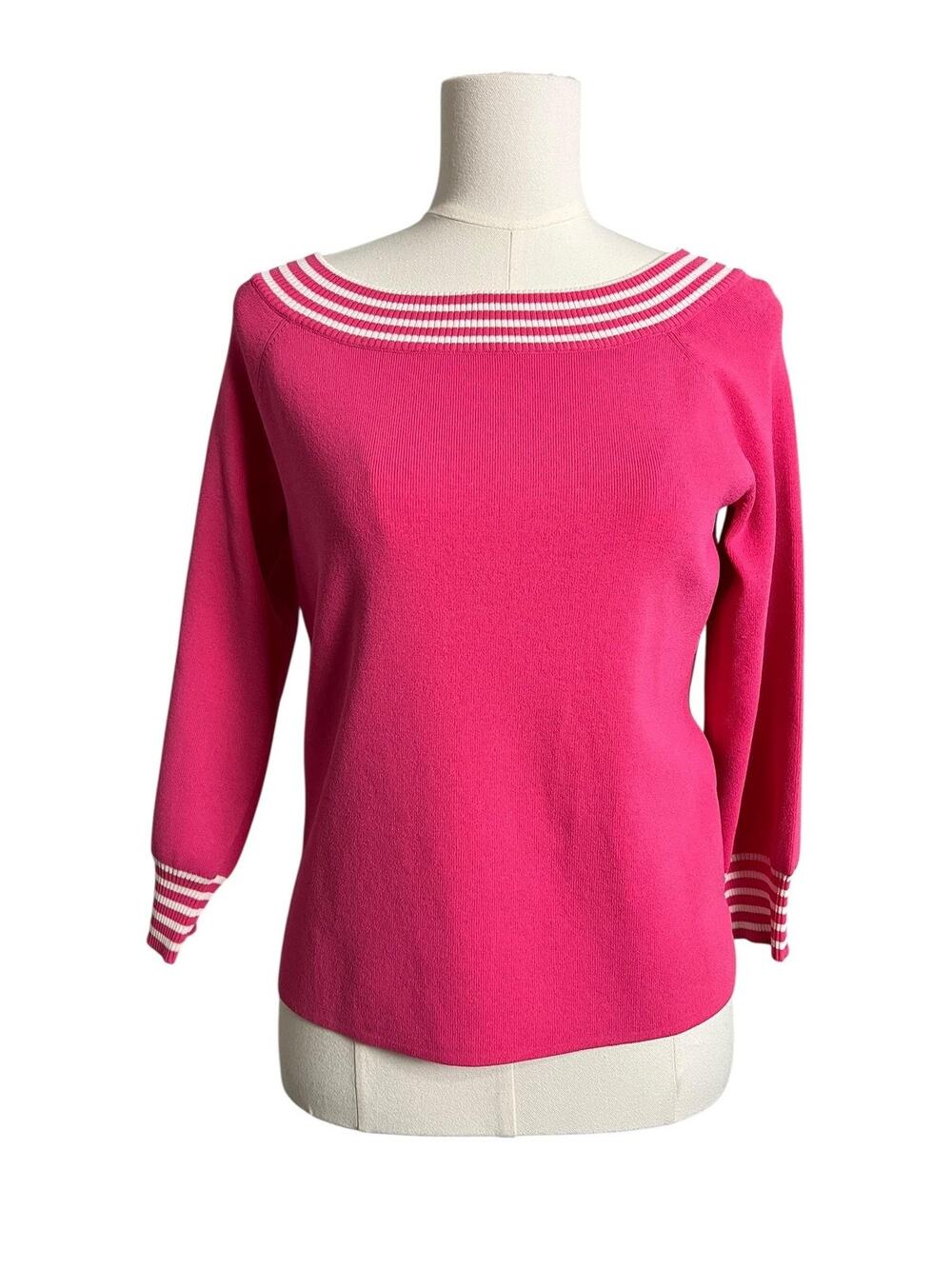 Michelle Antonelli Pullover Sweater Pink Boat Neck Striped Knit Preppy Twee M